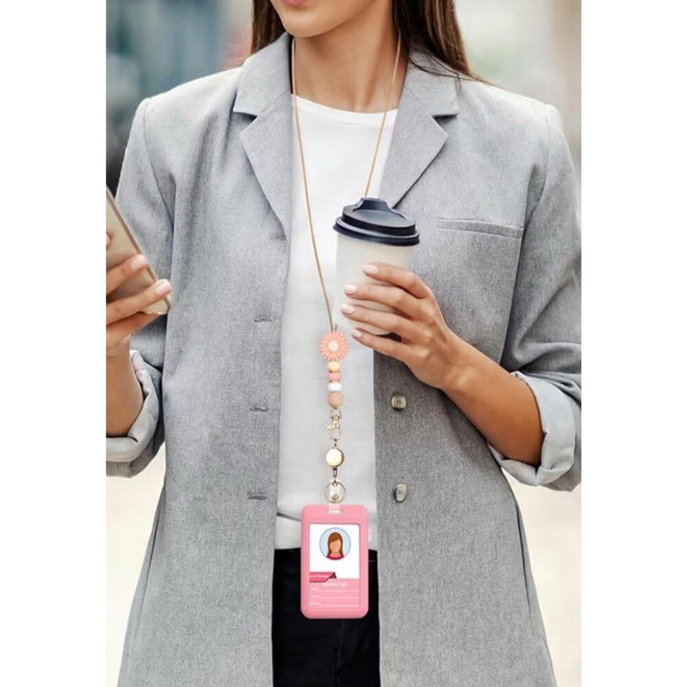 Colorful ID Badge Holder with Silicone Beads Lanyard Set, Pink